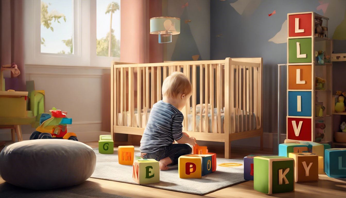 A toddler joyfully plays with alphabet blocks, spelling out 'Liam.'